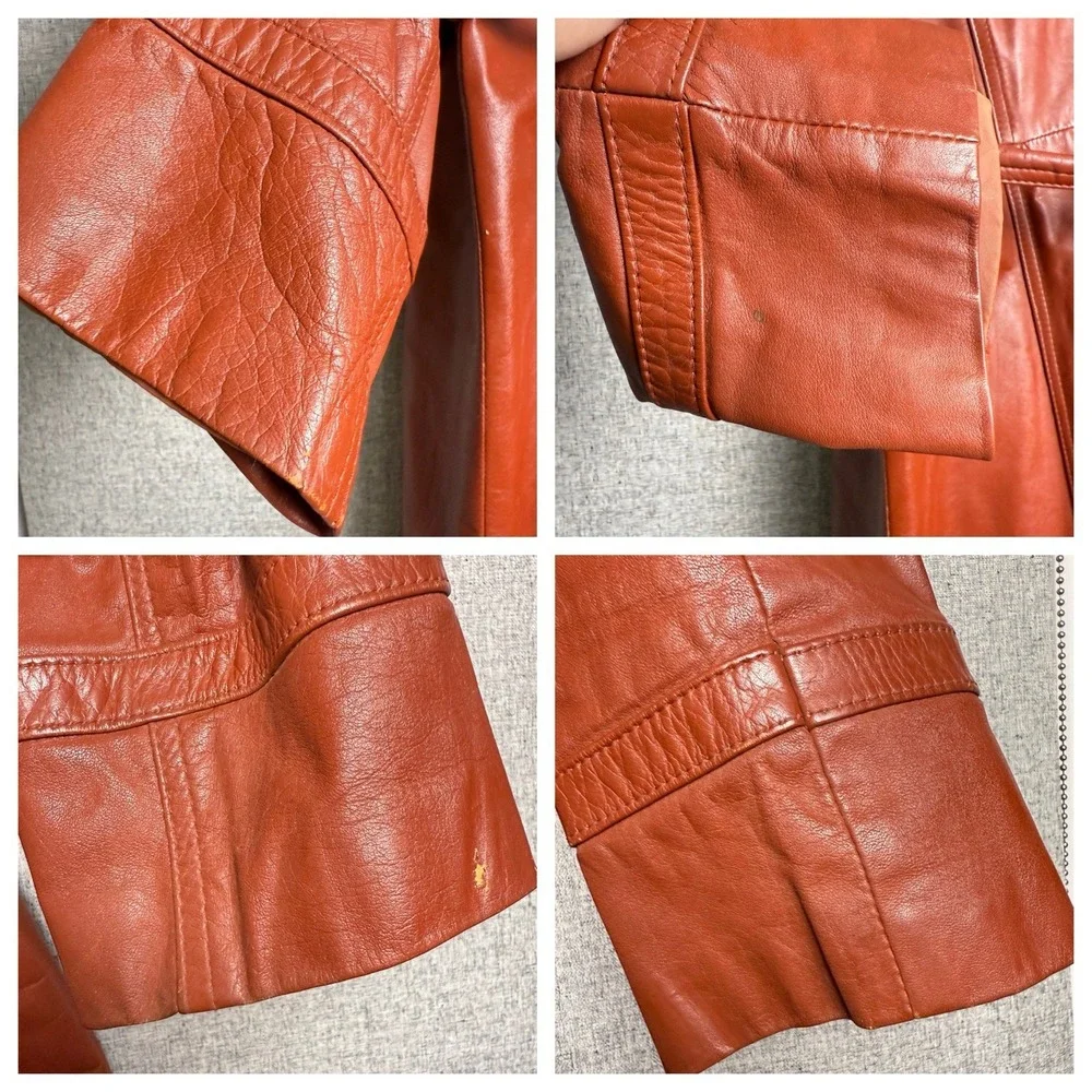 Vintage 70s Rust Brown Orange Leather Full Length Trench Coat Made Korea SMALL - Picture 10 of 16